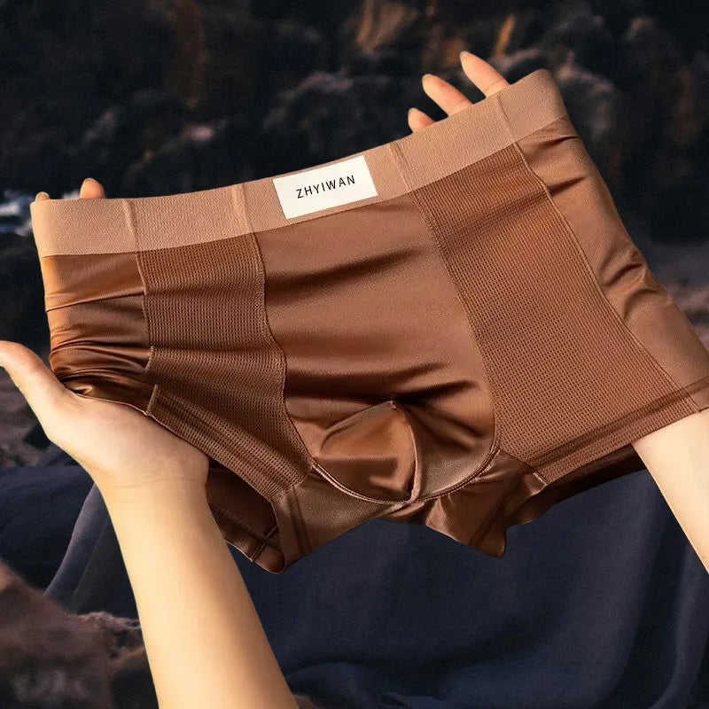 Ensemble de 4 sous-vêtements pour hommes en soie glacée, antibactériens, respirants et confortables, avec short en maille unie.