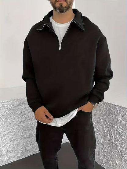 Sweat-shirt à demi-zip élégant pour homme, automne-hiver, épais et doublé polaire